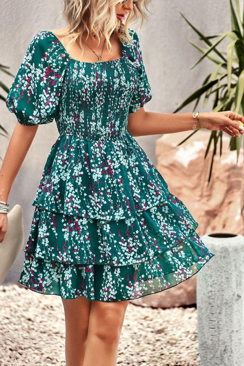 FLORAL PUFF SHOULDER CAKE DRESS - Doublju