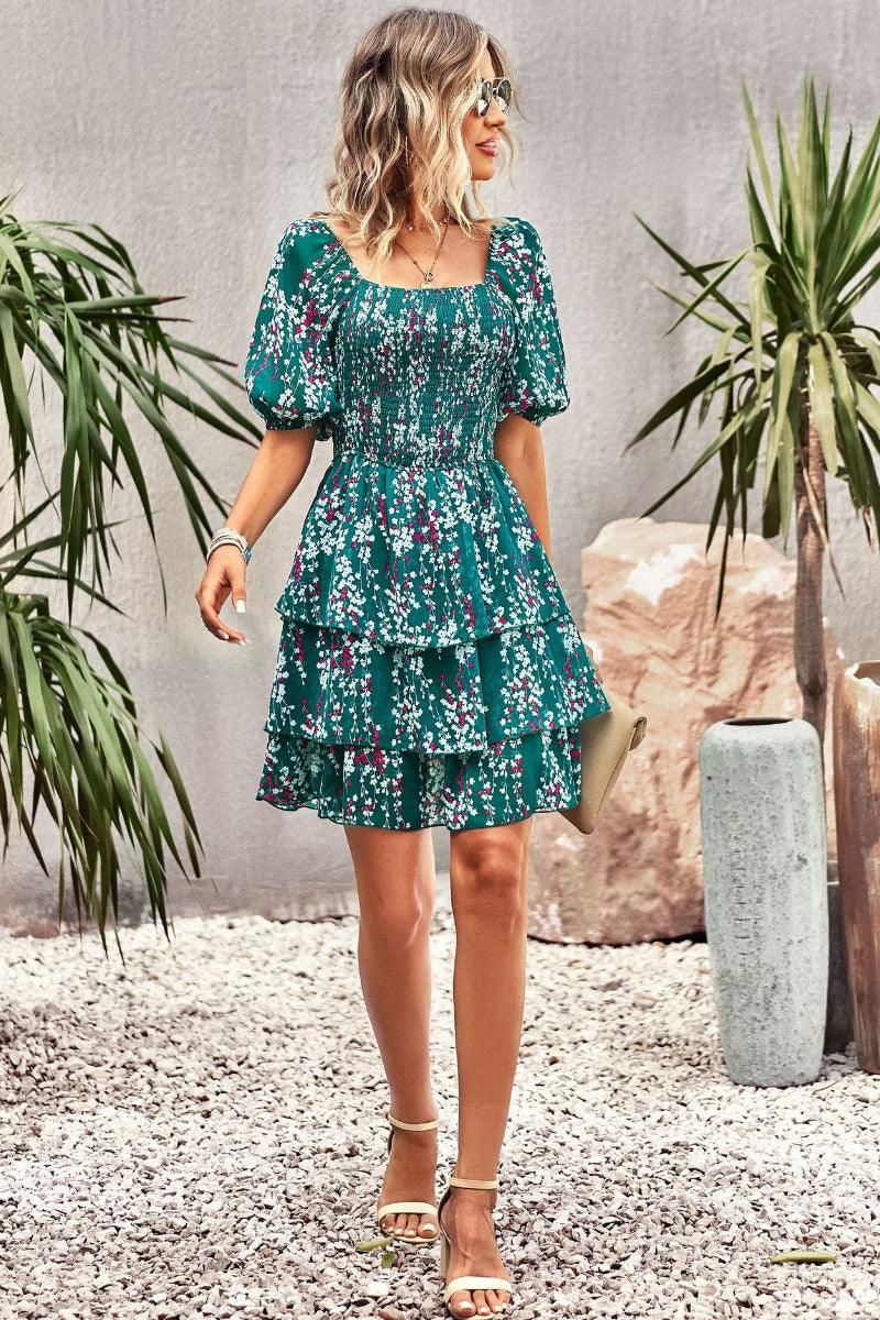 FLORAL PUFF SHOULDER CAKE DRESS - Doublju