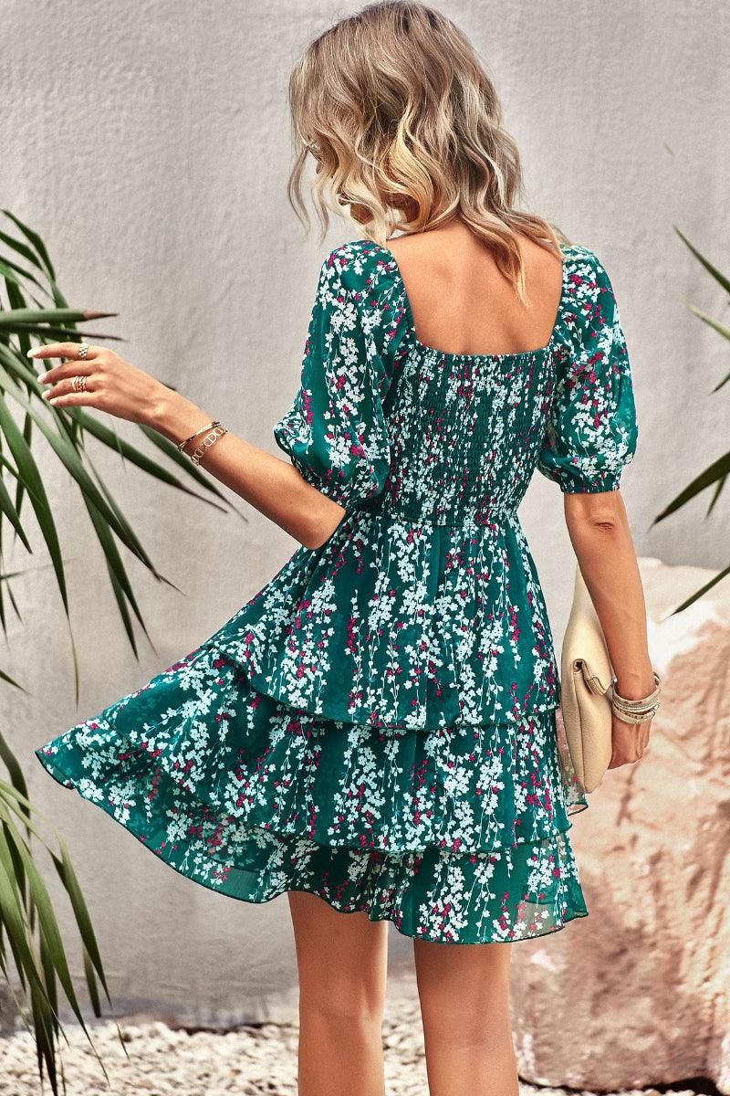 FLORAL PUFF SHOULDER CAKE DRESS - Doublju