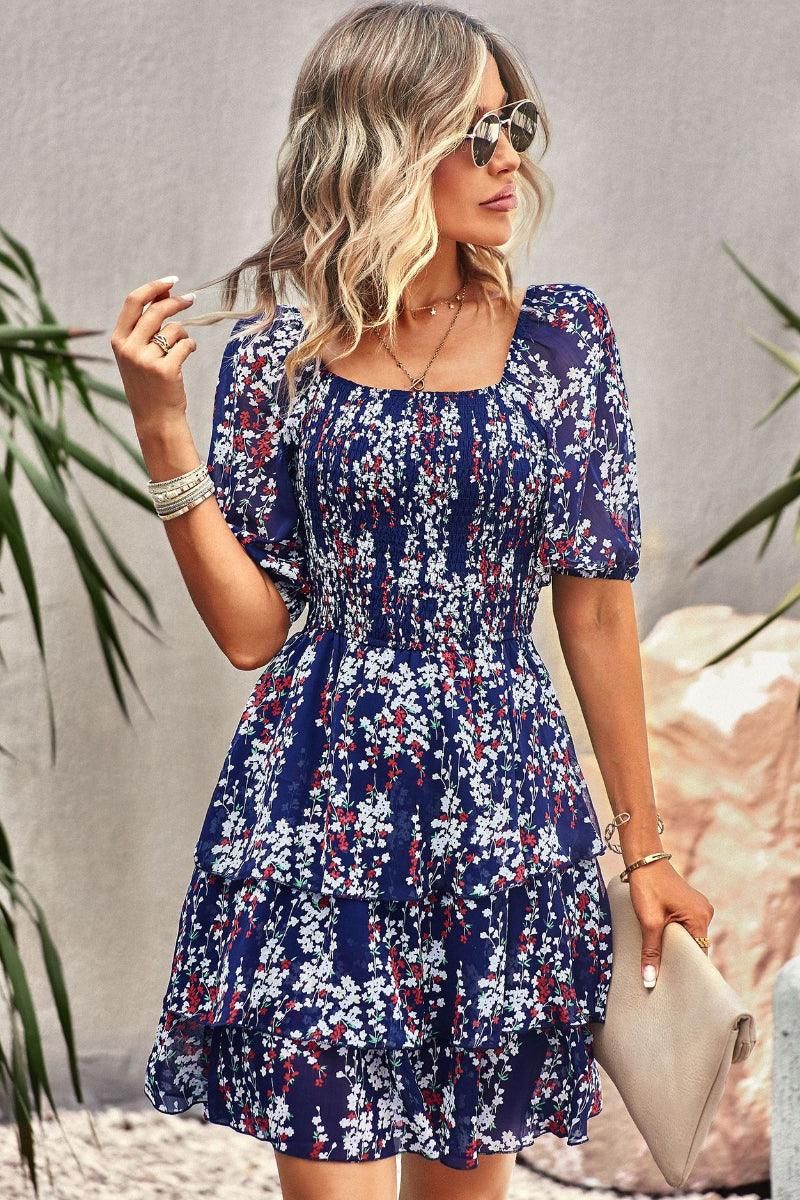 FLORAL PUFF SHOULDER CAKE DRESS - Doublju