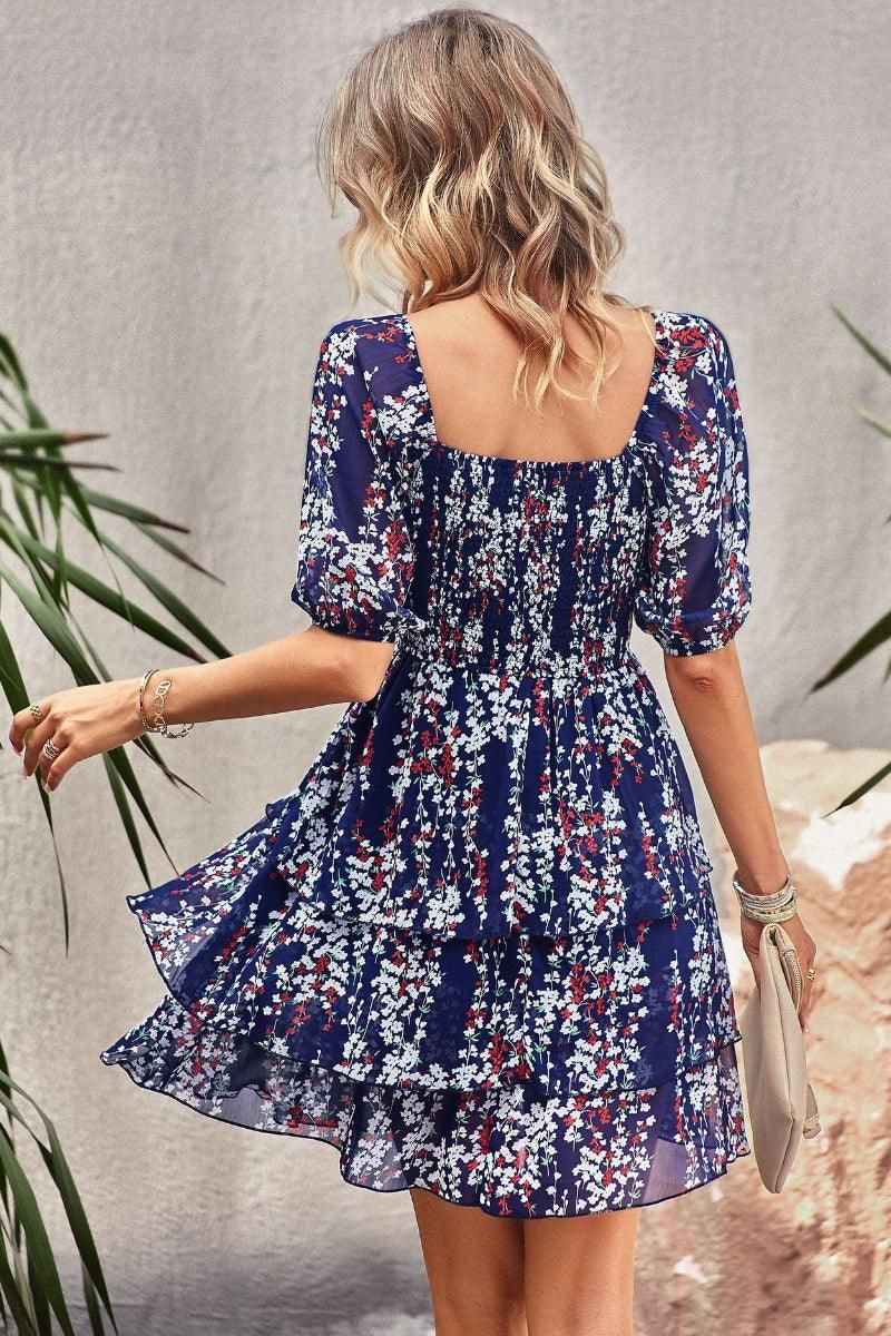 FLORAL PUFF SHOULDER CAKE DRESS - Doublju