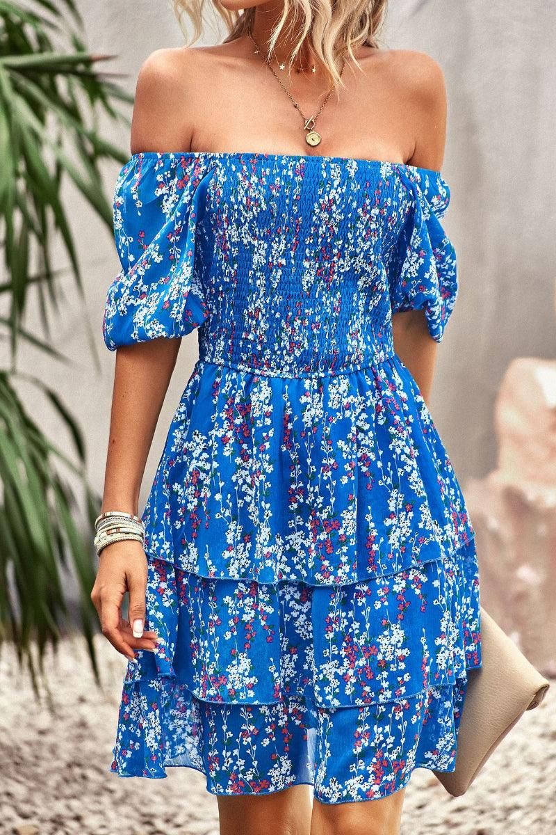 FLORAL PUFF SHOULDER CAKE DRESS - Doublju