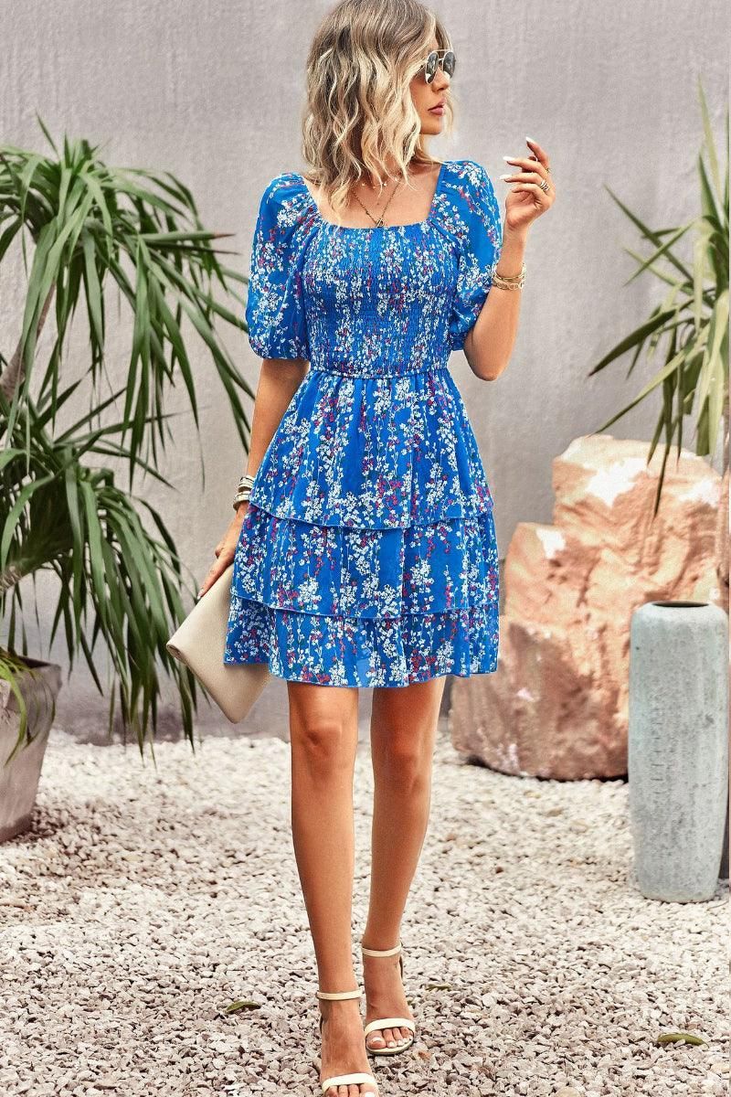 FLORAL PUFF SHOULDER CAKE DRESS - Doublju