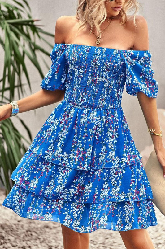 FLORAL PUFF SHOULDER CAKE DRESS - Doublju