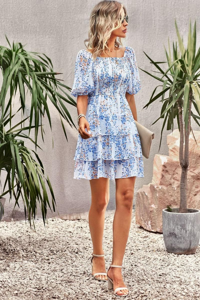 FLORAL PUFF SHOULDER CAKE DRESS - Doublju