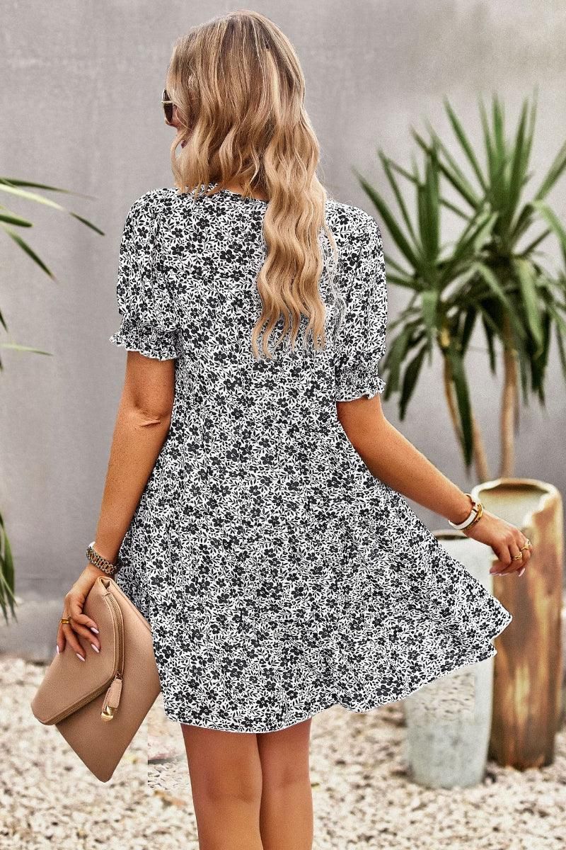 FLORAL PUFF SHOULDER KANKAN DRESS - Doublju