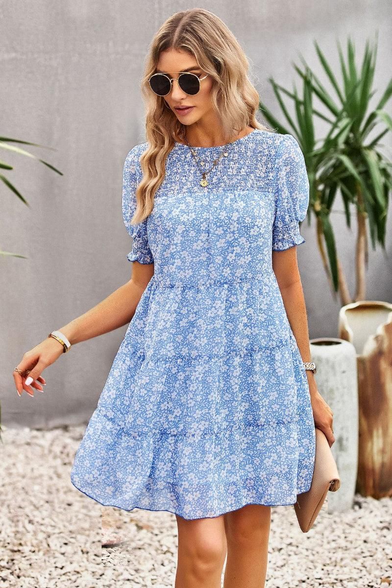 FLORAL PUFF SHOULDER KANKAN DRESS - Doublju