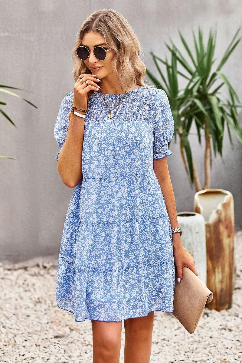 FLORAL PUFF SHOULDER KANKAN DRESS - Doublju