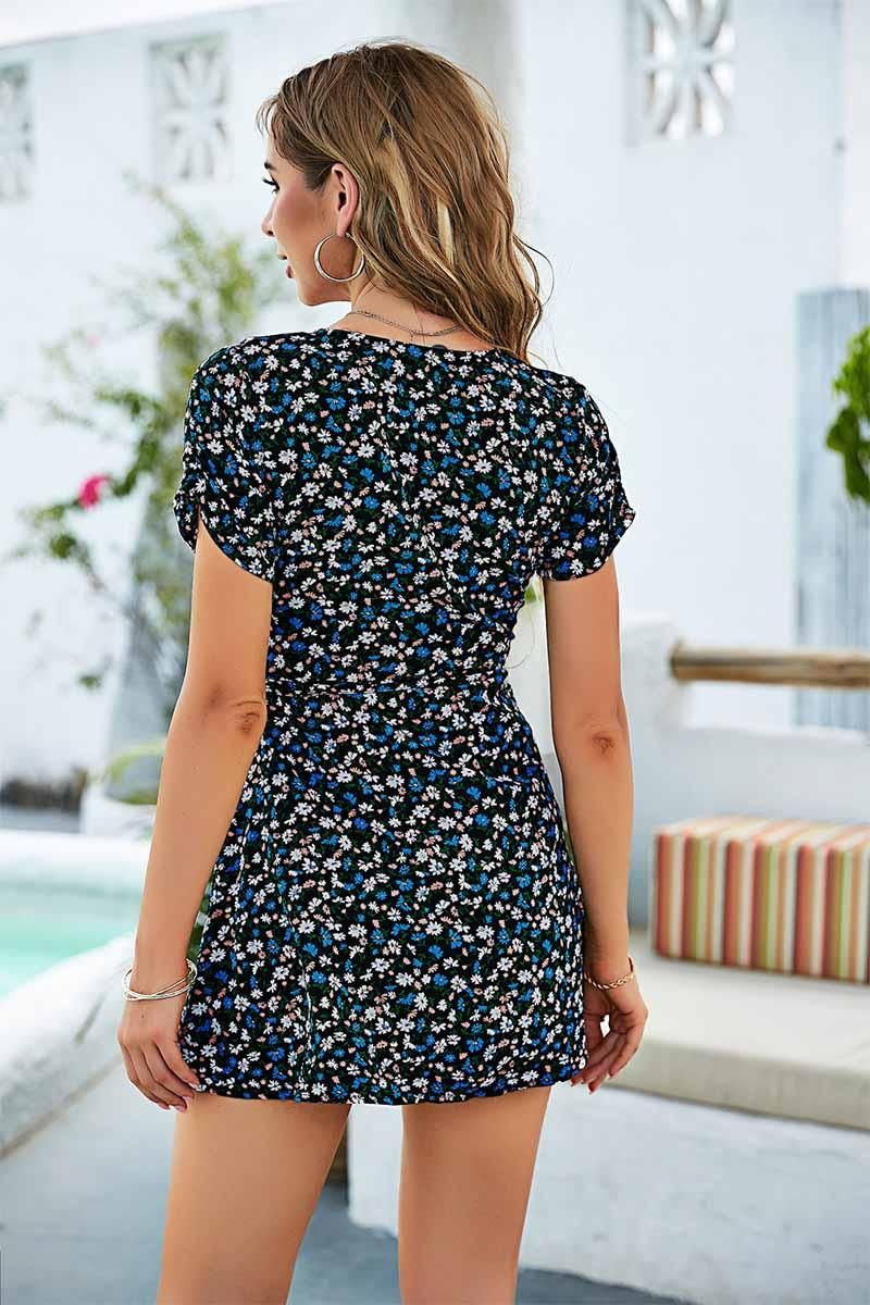 FLORAL WRAP STYLE MINI DRESS - Doublju