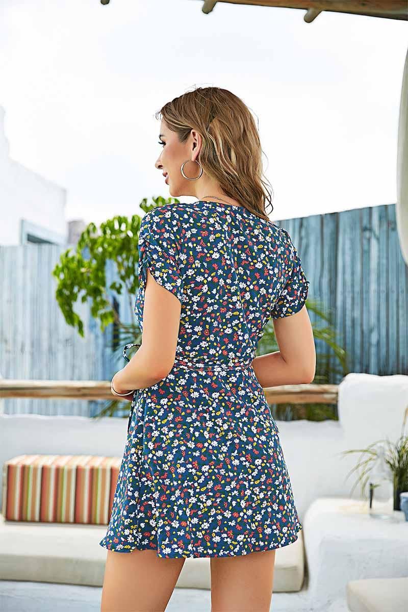 FLORAL WRAP STYLE MINI DRESS - Doublju