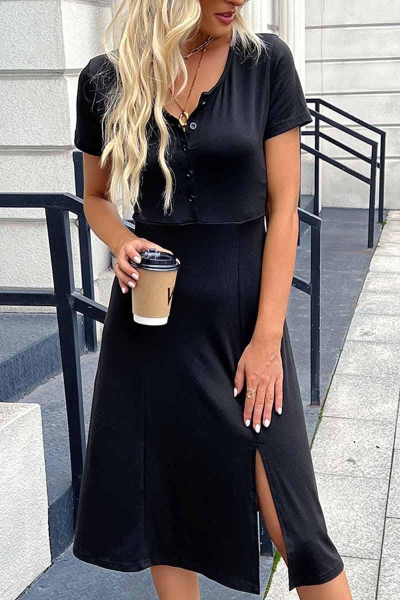 SIMPLE BUTTON UP SLIM FIT SLIT DRESS - Doublju