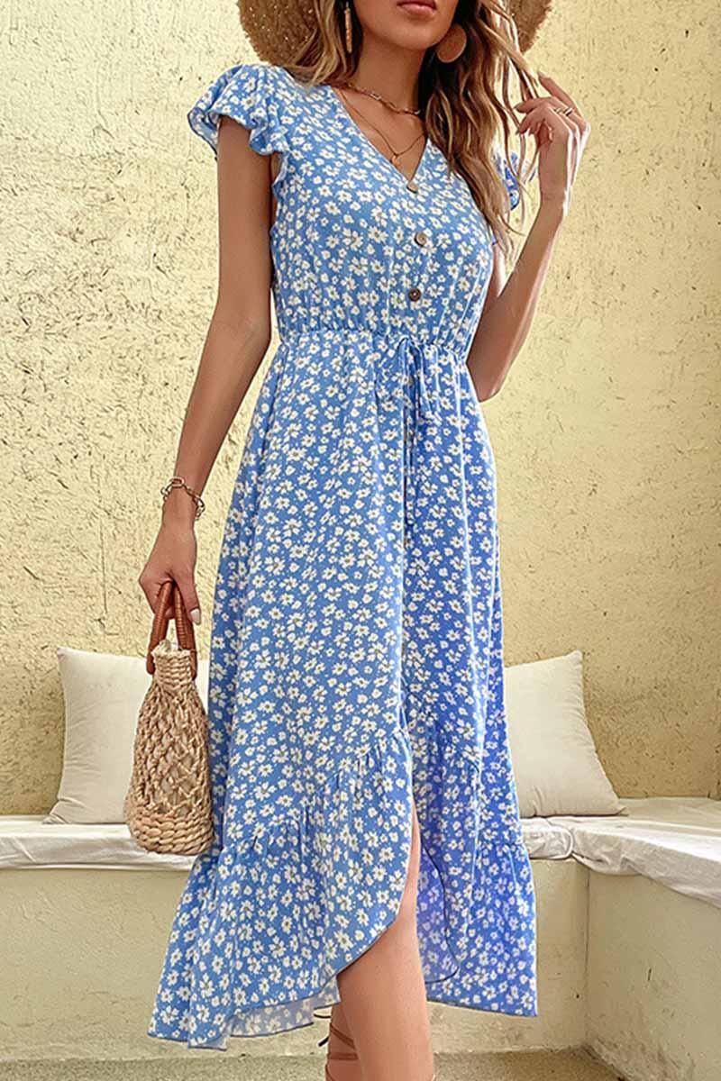 FLORAL LACE SLEEVE BUTTON DETAIL SLIT DRESS - Doublju