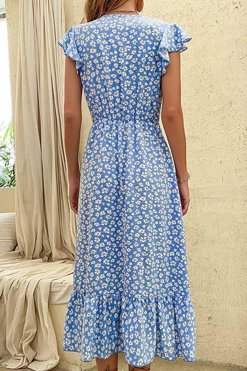 FLORAL LACE SLEEVE BUTTON DETAIL SLIT DRESS - Doublju