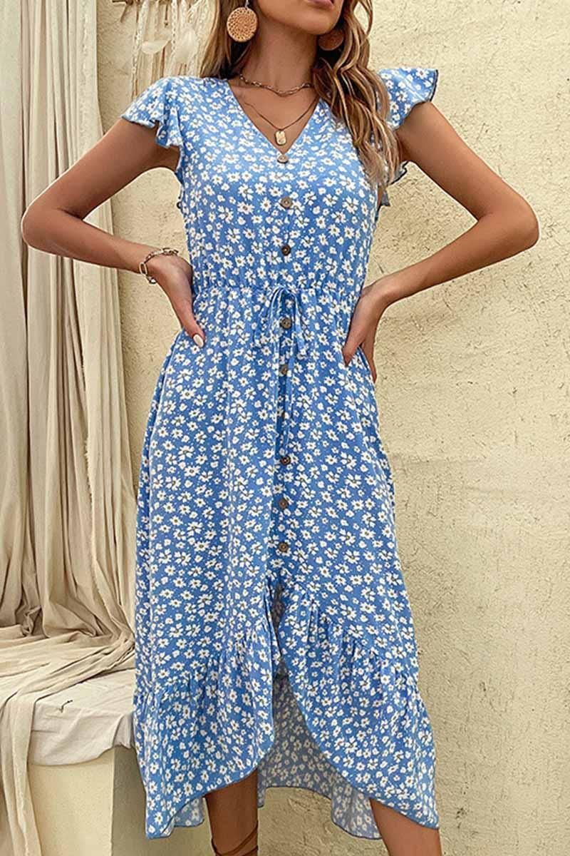 FLORAL LACE SLEEVE BUTTON DETAIL SLIT DRESS - Doublju