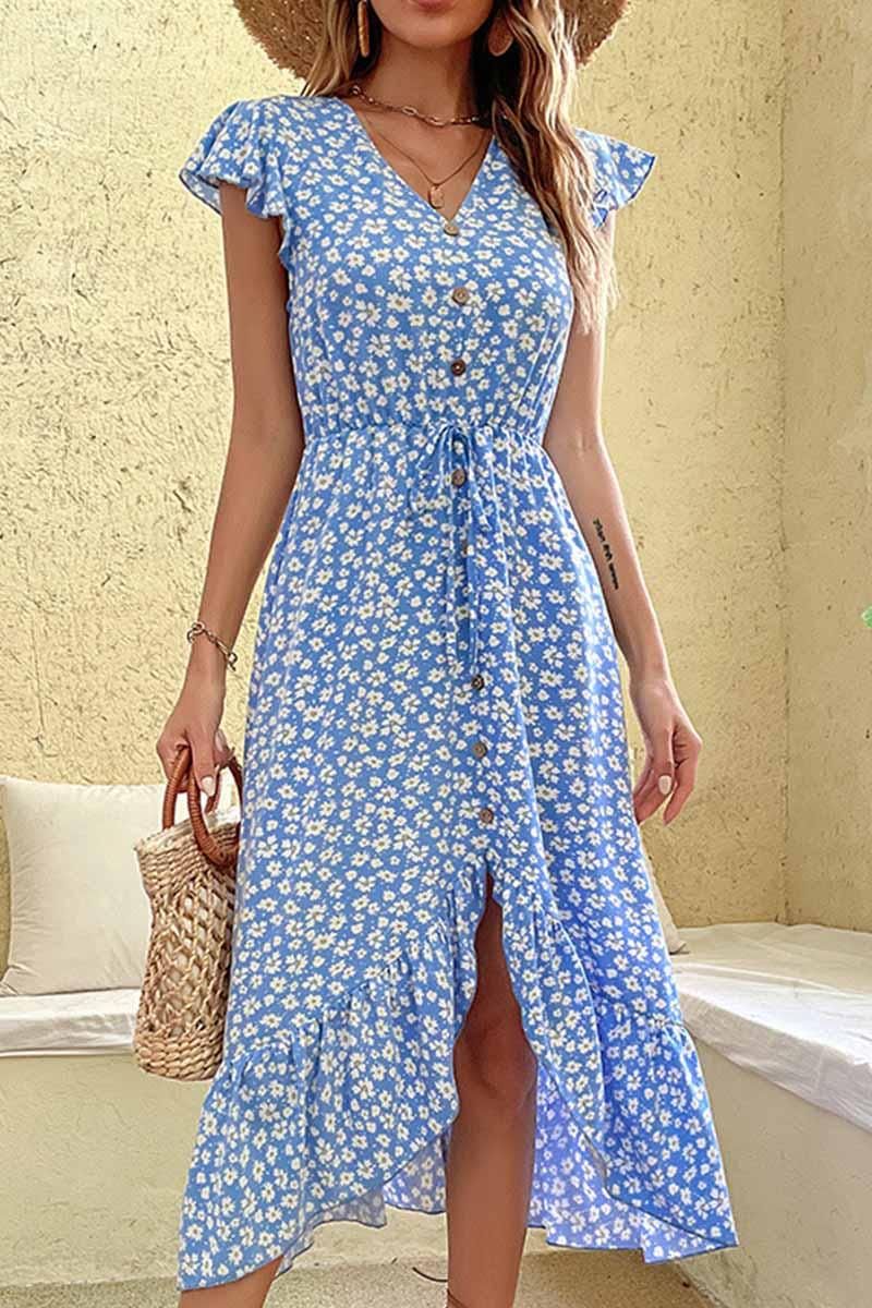 FLORAL LACE SLEEVE BUTTON DETAIL SLIT DRESS - Doublju