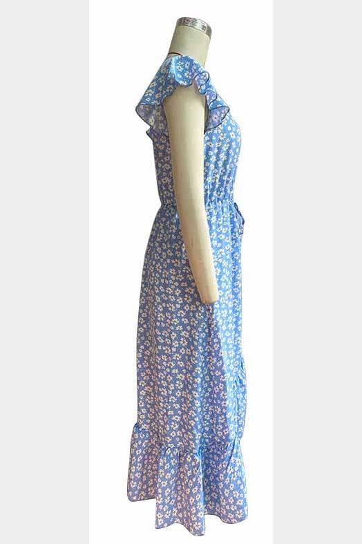 FLORAL LACE SLEEVE BUTTON DETAIL SLIT DRESS - Doublju