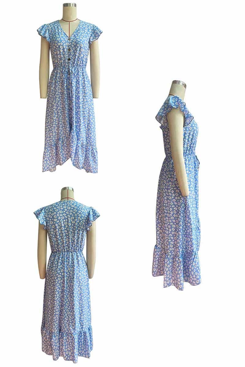 FLORAL LACE SLEEVE BUTTON DETAIL SLIT DRESS - Doublju