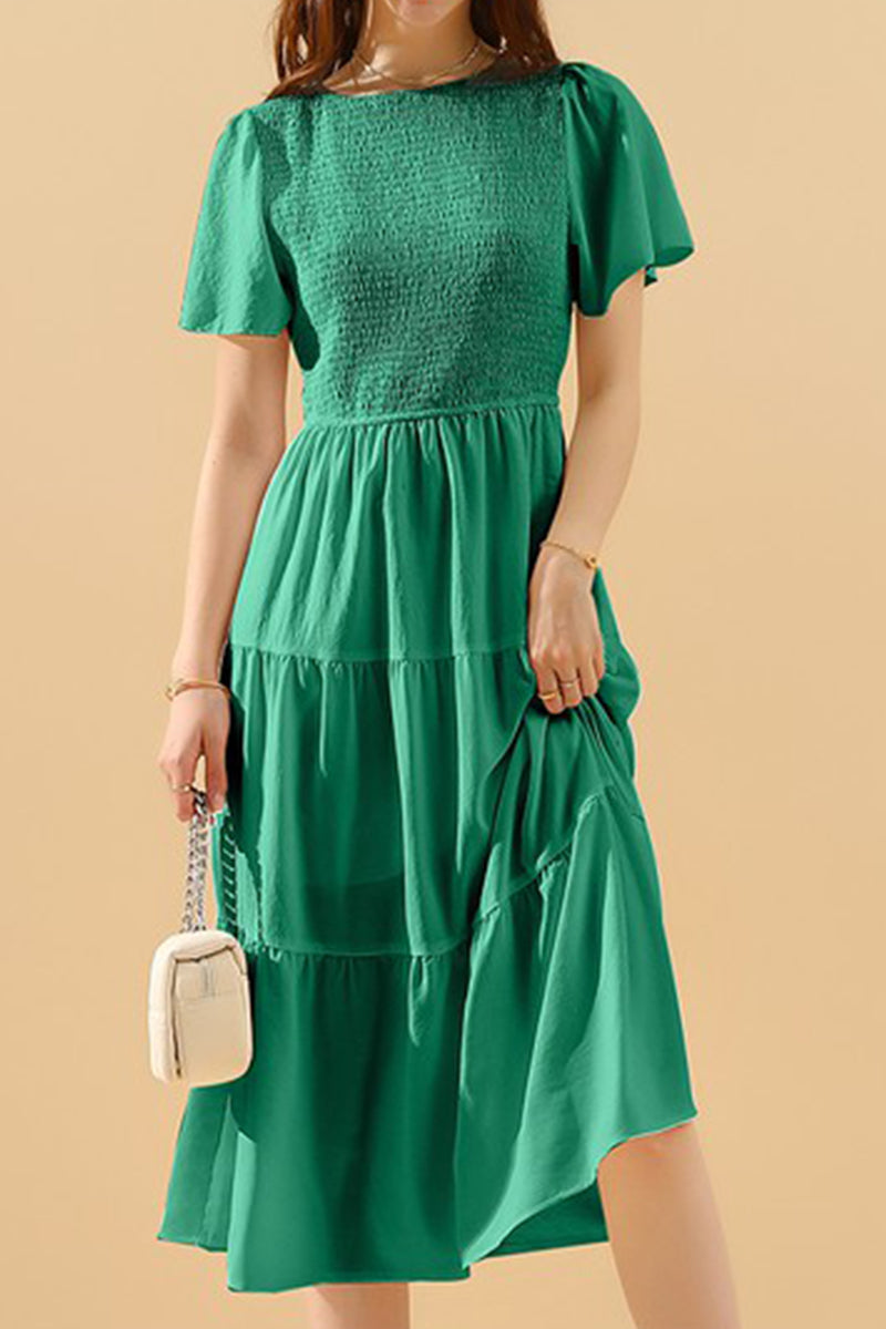 SHORT BELL SLEEVE CREW NECK SWING DRESS