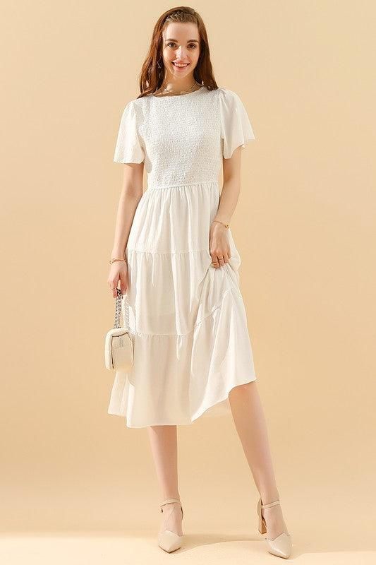 SHORT BELL SLEEVE CREW NECK SWING DRESS - Doublju