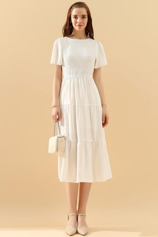 SHORT BELL SLEEVE CREW NECK SWING DRESS - Doublju