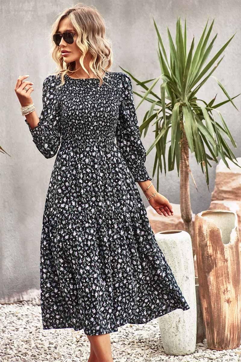 FLORAL PATTERN LONG SLEEVE DRESS - Doublju
