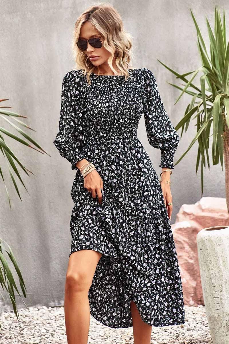 FLORAL PATTERN LONG SLEEVE DRESS - Doublju
