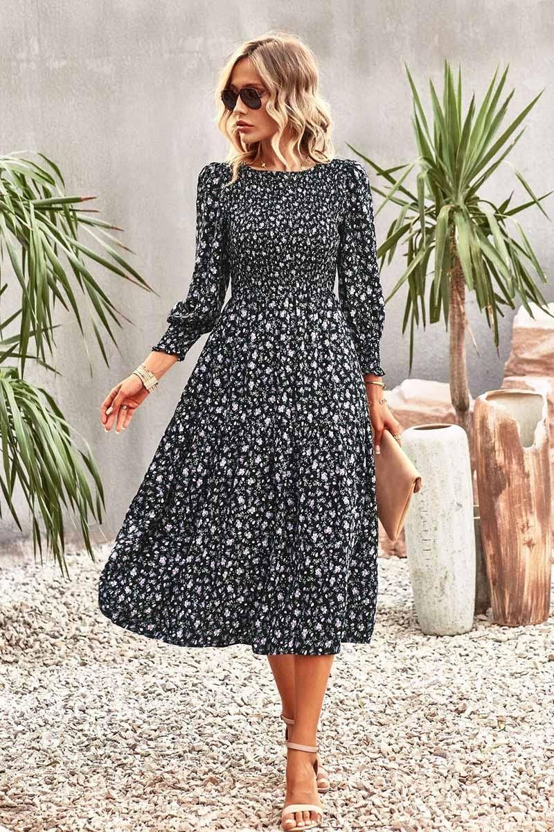 FLORAL PATTERN LONG SLEEVE DRESS - Doublju