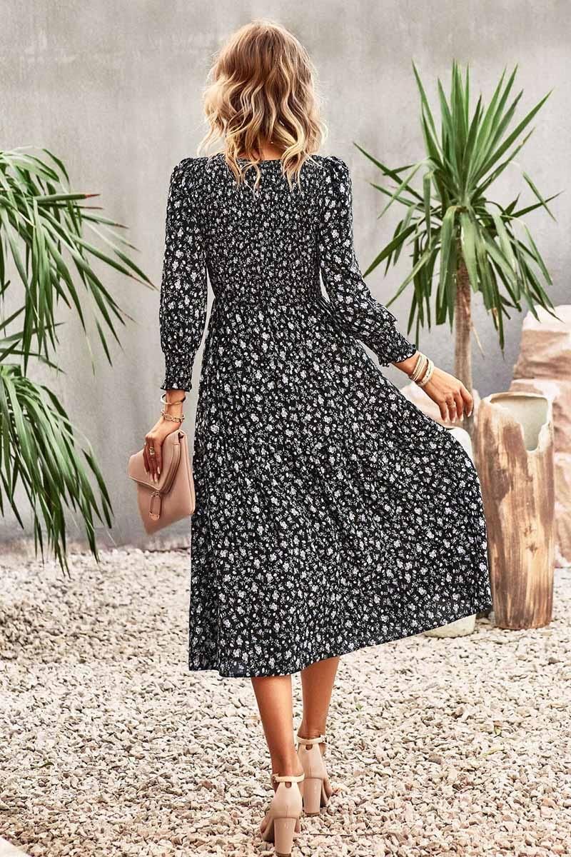 FLORAL PATTERN LONG SLEEVE DRESS - Doublju