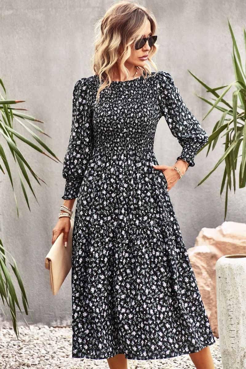 FLORAL PATTERN LONG SLEEVE DRESS - Doublju