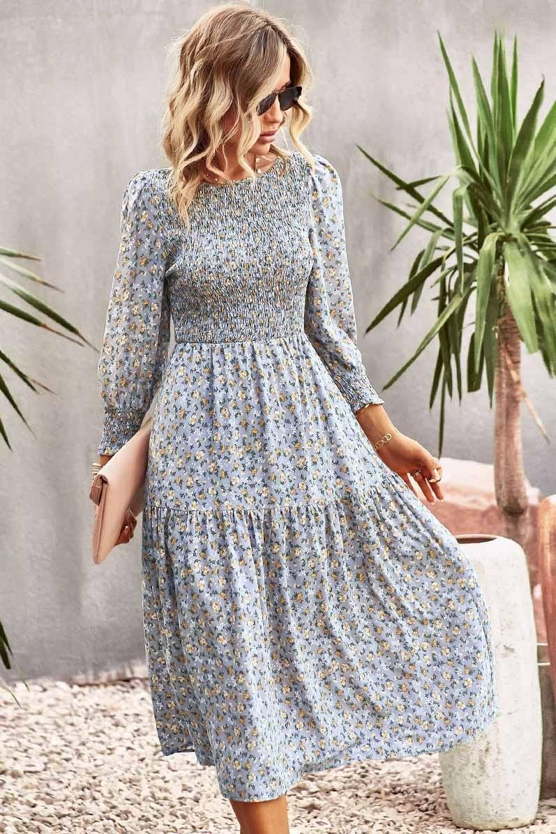 FLORAL PATTERN LONG SLEEVE DRESS - Doublju