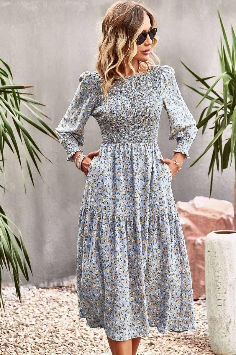 FLORAL PATTERN LONG SLEEVE DRESS - Doublju