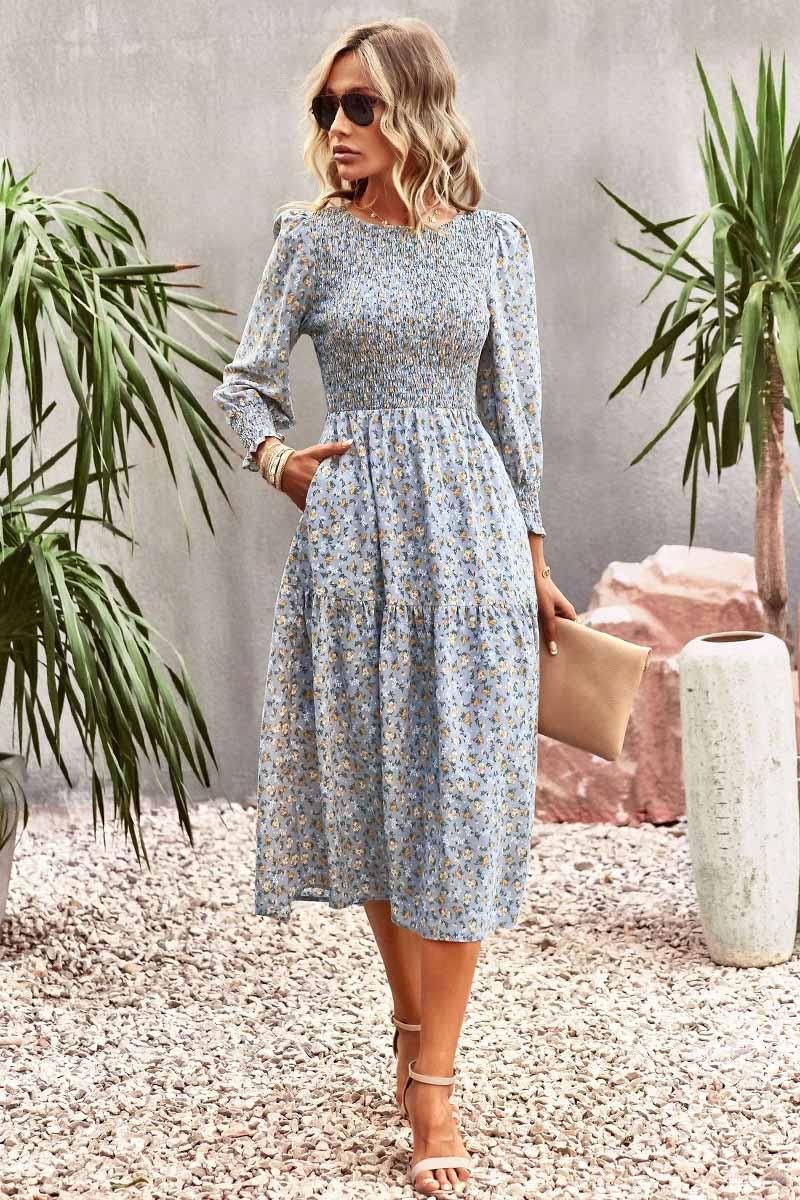 FLORAL PATTERN LONG SLEEVE DRESS - Doublju