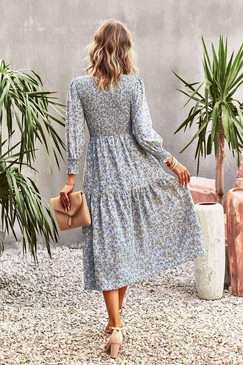 FLORAL PATTERN LONG SLEEVE DRESS - Doublju