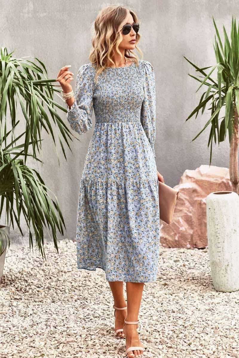 FLORAL PATTERN LONG SLEEVE DRESS - Doublju