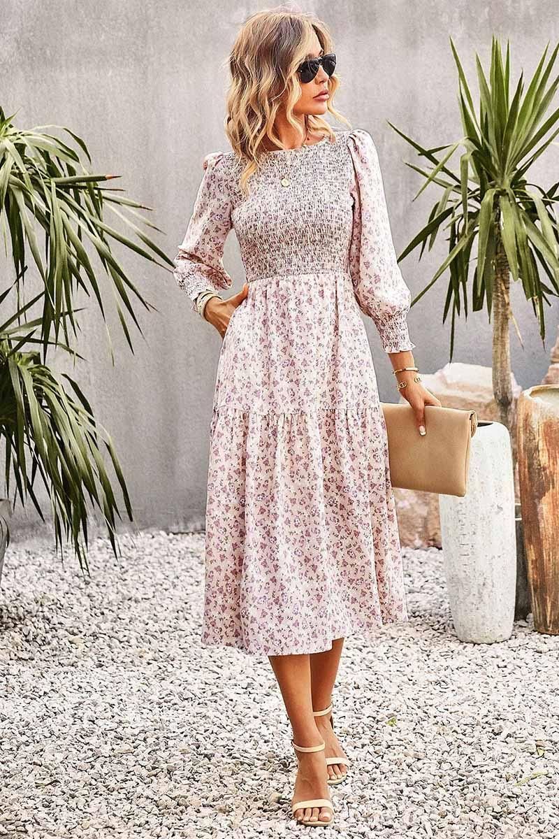 FLORAL PATTERN LONG SLEEVE DRESS - Doublju