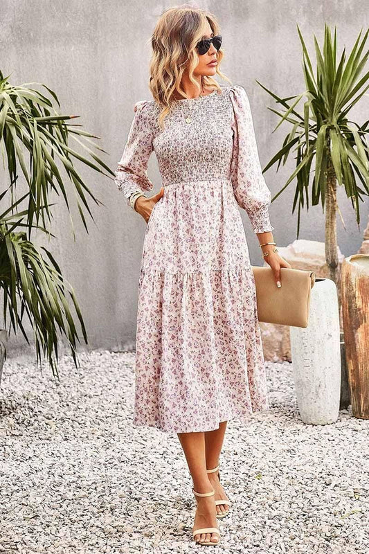 FLORAL PATTERN LONG SLEEVE DRESS - Doublju
