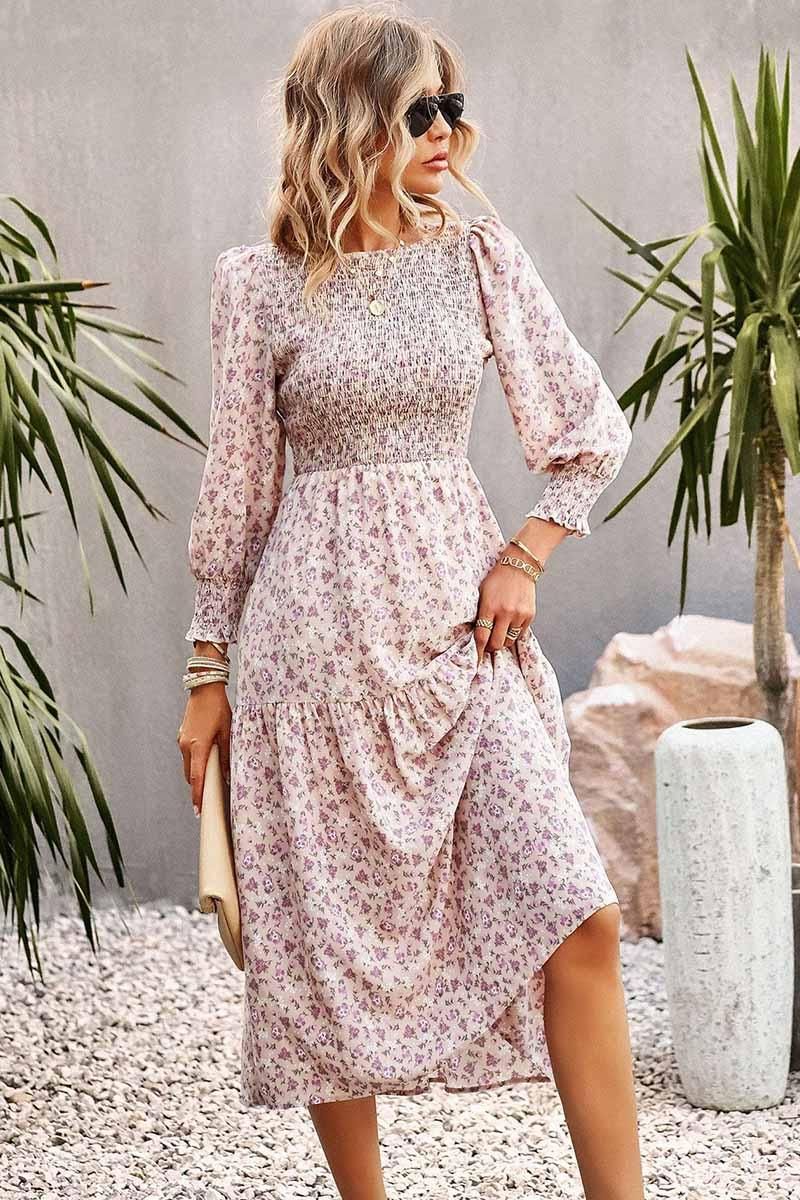 FLORAL PATTERN LONG SLEEVE DRESS - Doublju