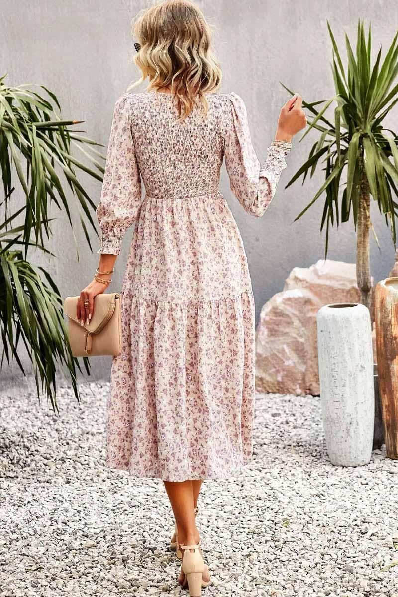 FLORAL PATTERN LONG SLEEVE DRESS - Doublju