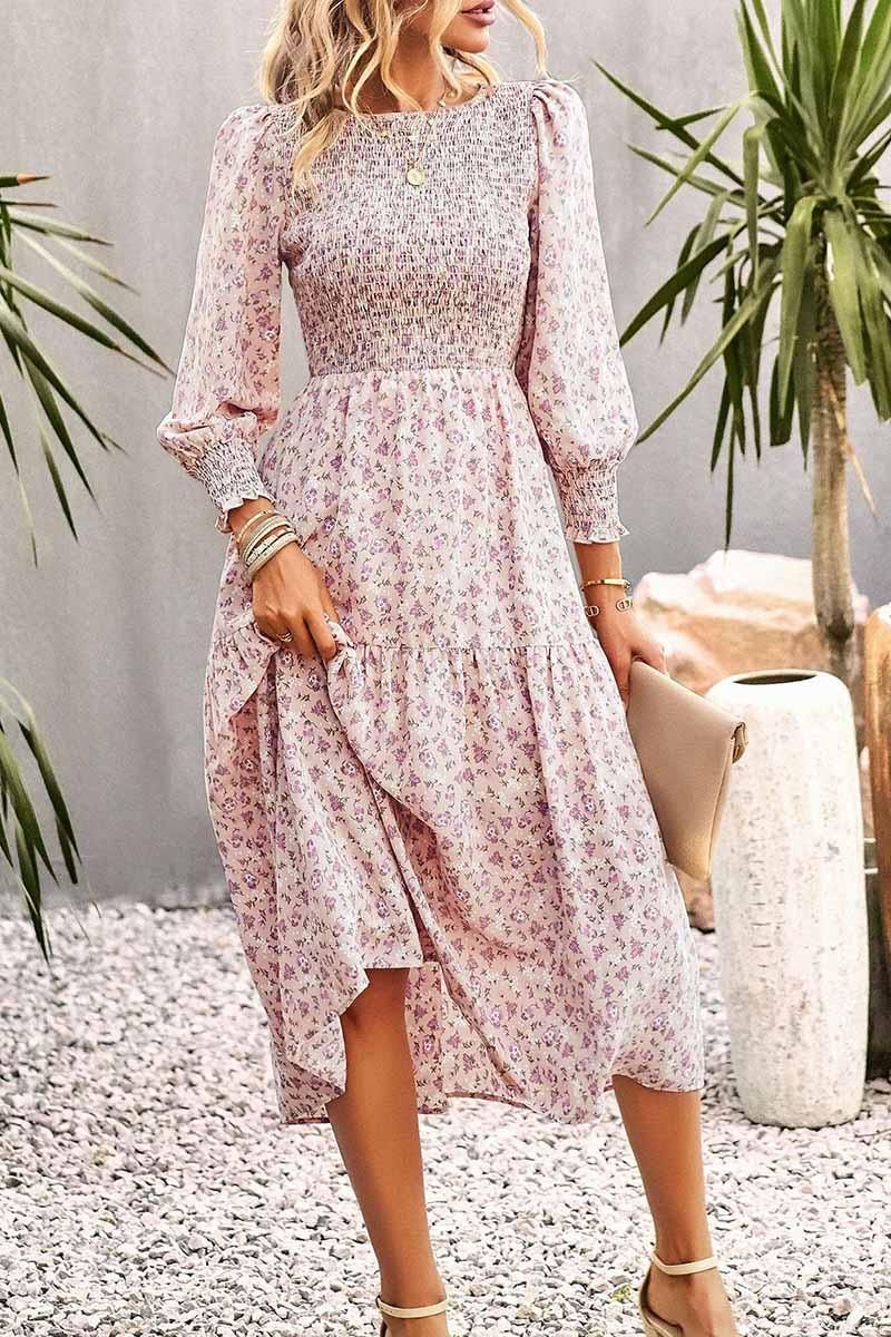 FLORAL PATTERN LONG SLEEVE DRESS - Doublju