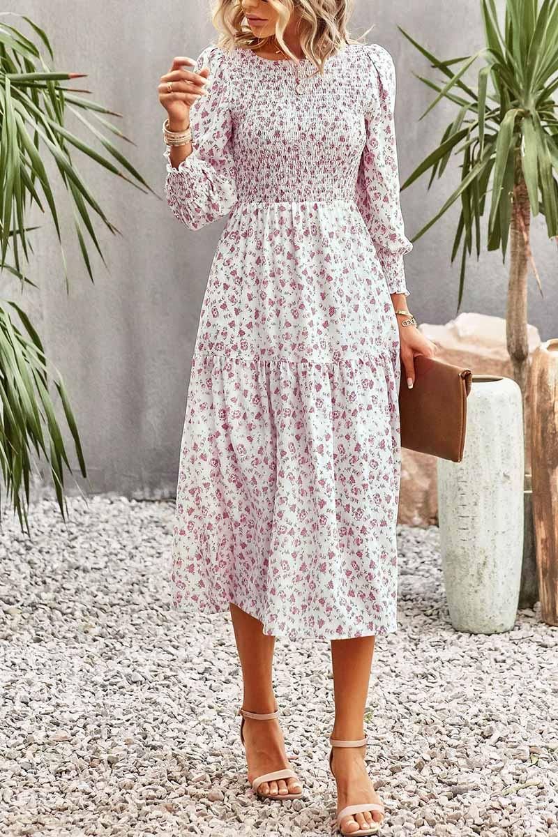 FLORAL PATTERN LONG SLEEVE DRESS - Doublju