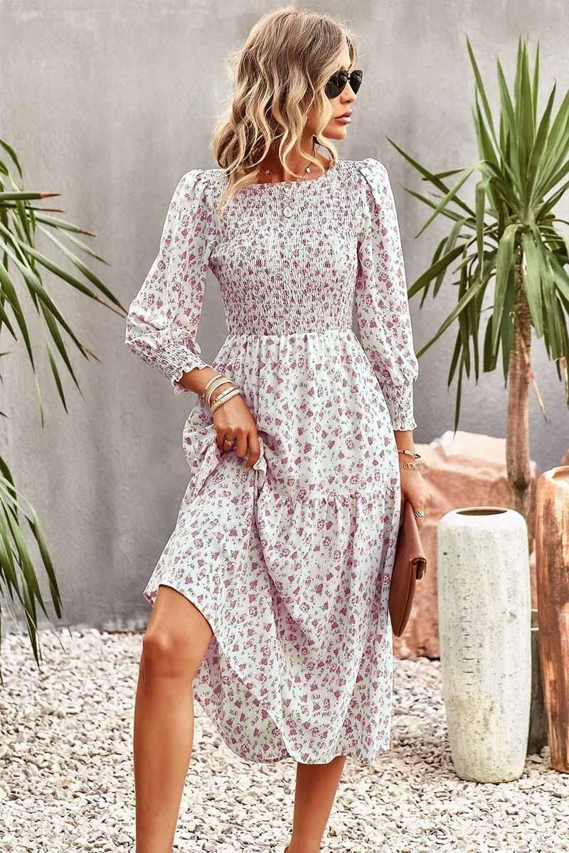 FLORAL PATTERN LONG SLEEVE DRESS - Doublju