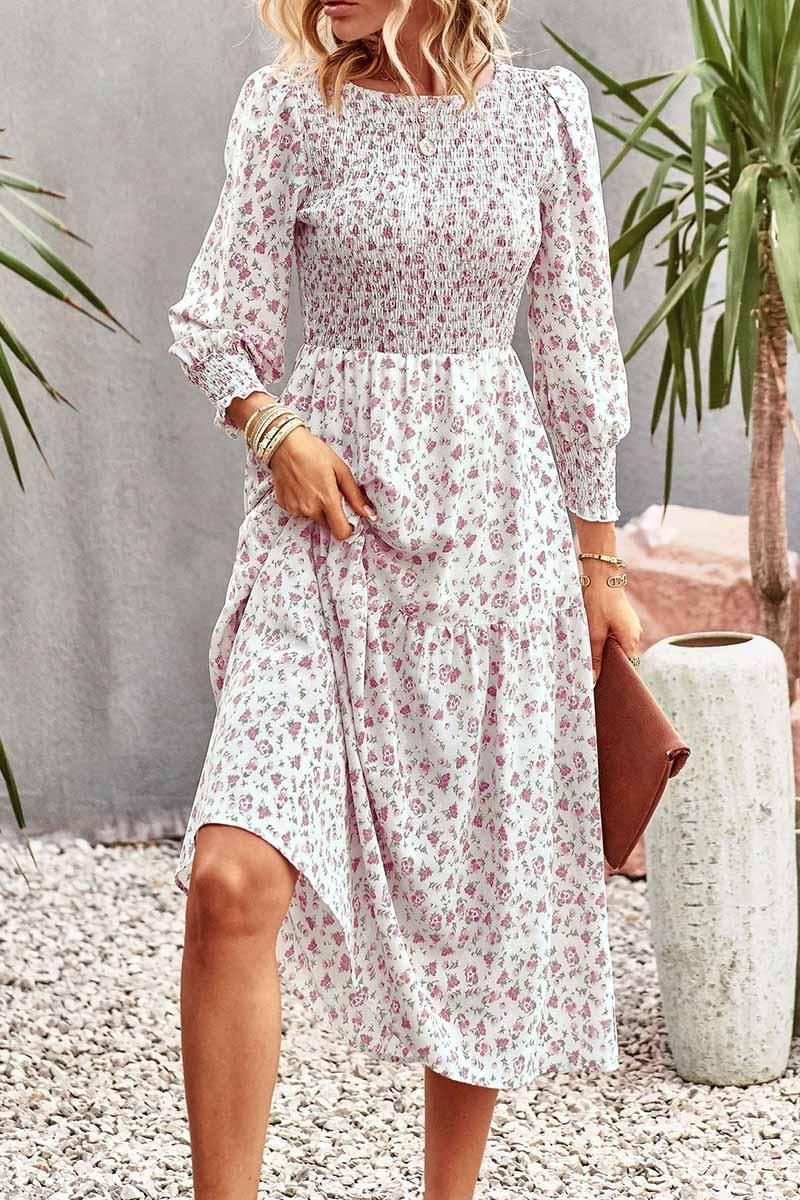 FLORAL PATTERN LONG SLEEVE DRESS - Doublju