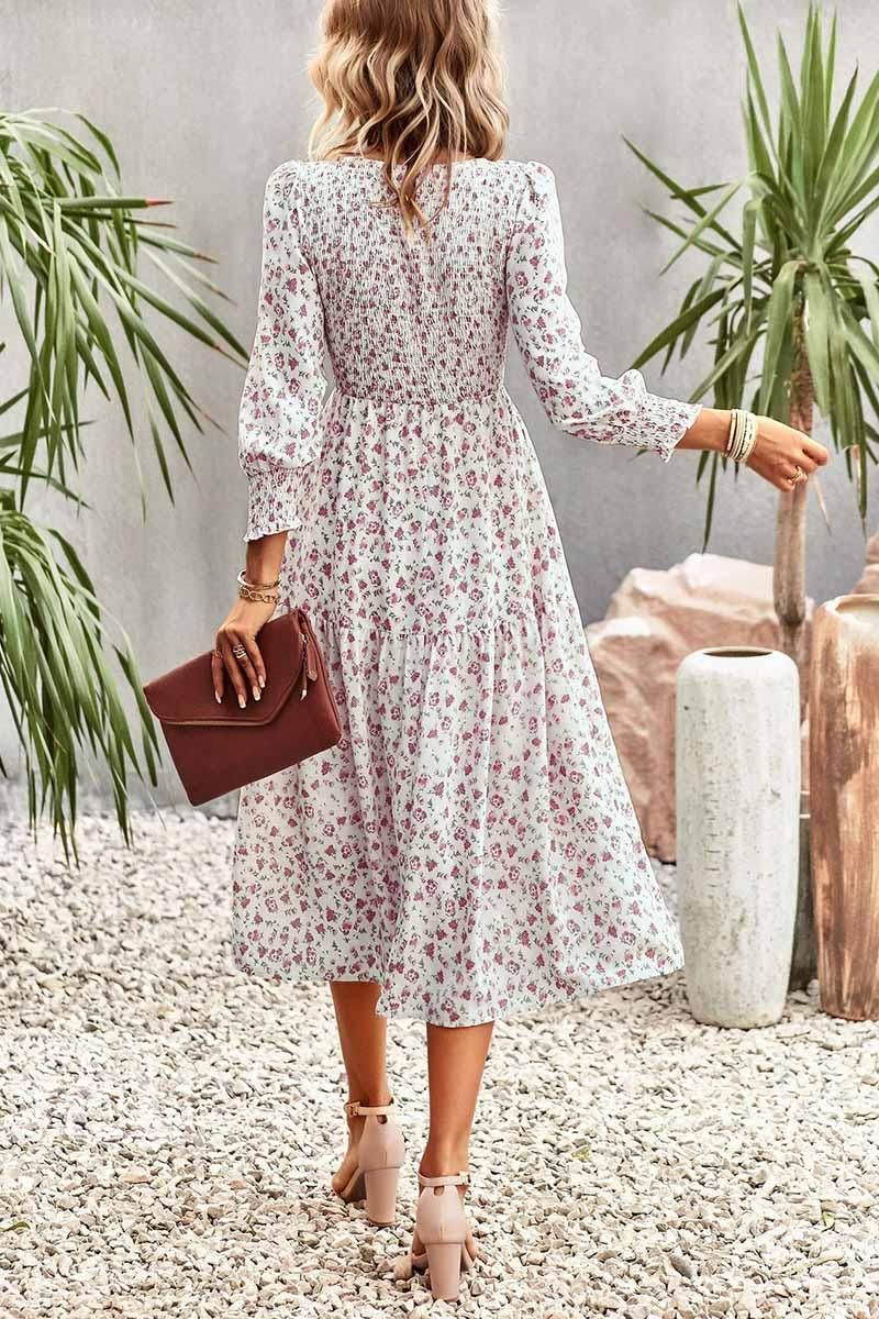 FLORAL PATTERN LONG SLEEVE DRESS - Doublju