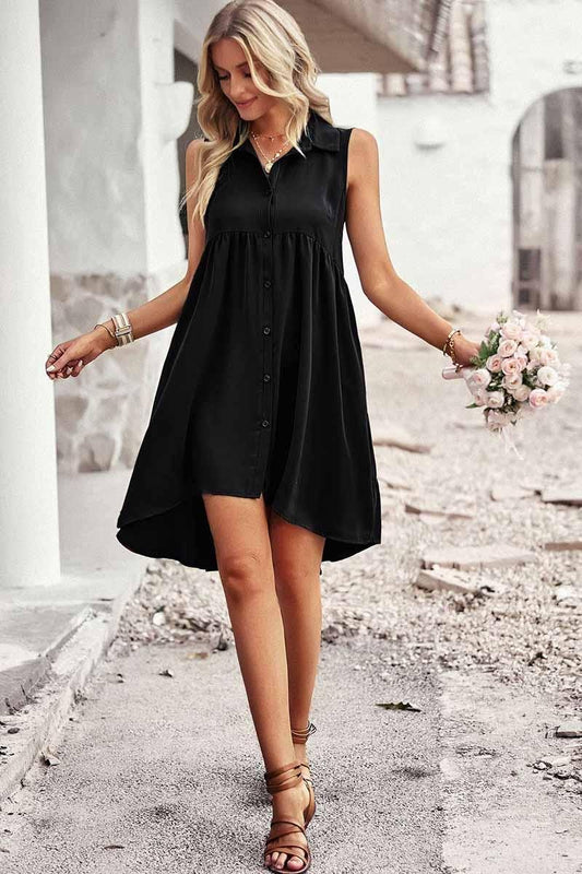 SLEEVELESS BUTTON DOWN SHIRTS DRESS - Doublju
