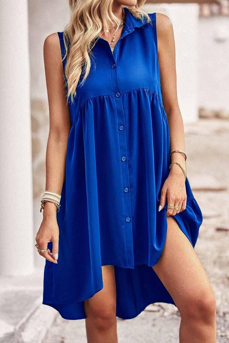 SLEEVELESS BUTTON DOWN SHIRTS DRESS - Doublju