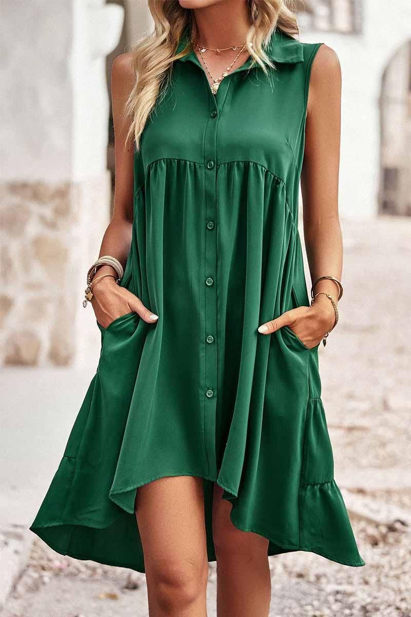SLEEVELESS BUTTON DOWN SHIRTS DRESS - Doublju