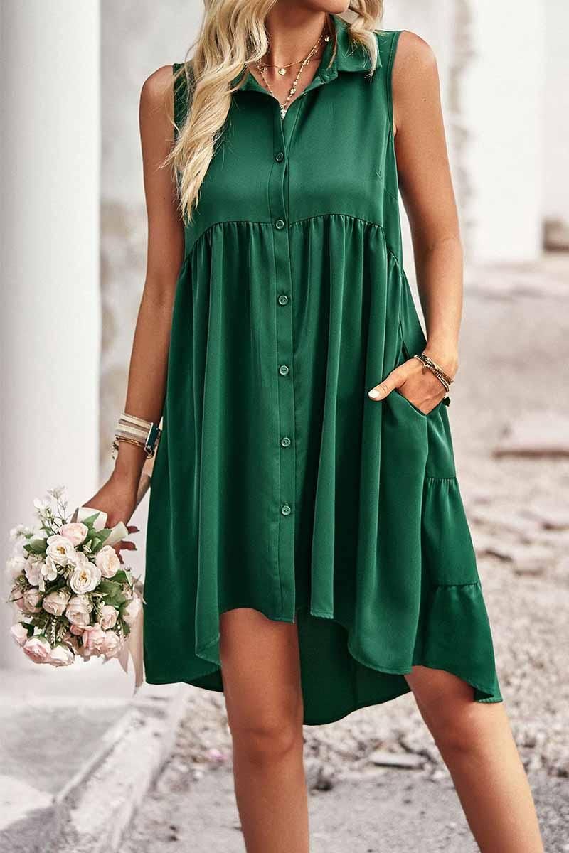 SLEEVELESS BUTTON DOWN SHIRTS DRESS - Doublju