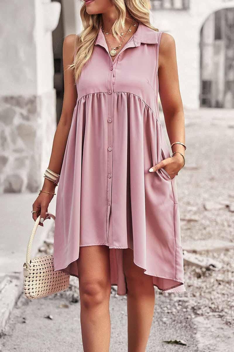 SLEEVELESS BUTTON DOWN SHIRTS DRESS - Doublju