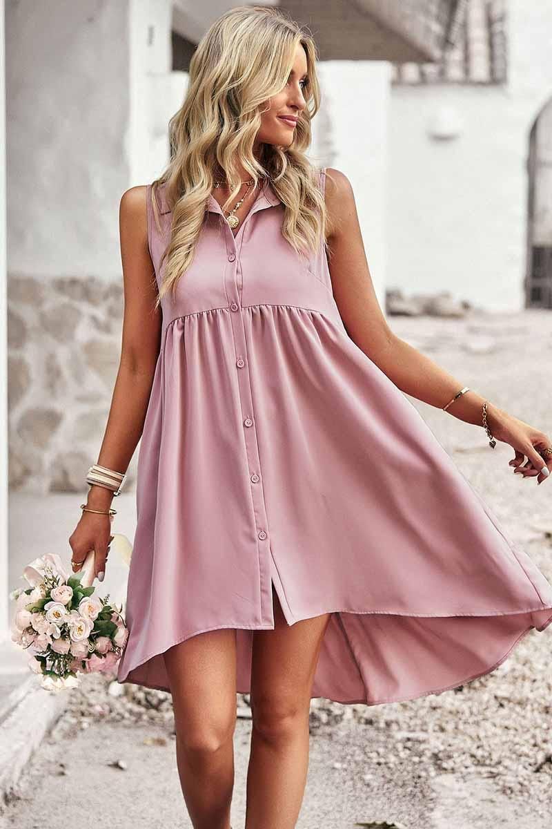 SLEEVELESS BUTTON DOWN SHIRTS DRESS - Doublju