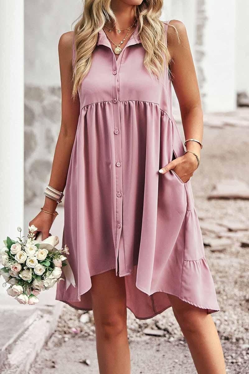 SLEEVELESS BUTTON DOWN SHIRTS DRESS - Doublju